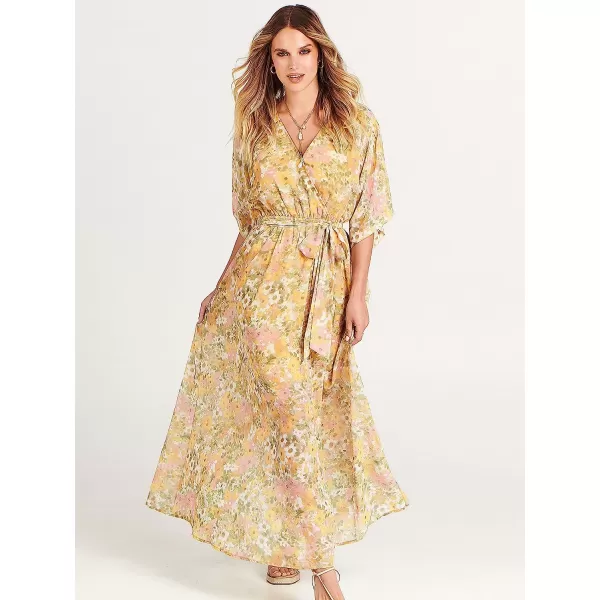 imageANRABESS Womens Summer Loose Kimono Maxi Dress Wrap V Neck 34 Sleeve Floral Print Slit Long DressesFloral Yellow Pink