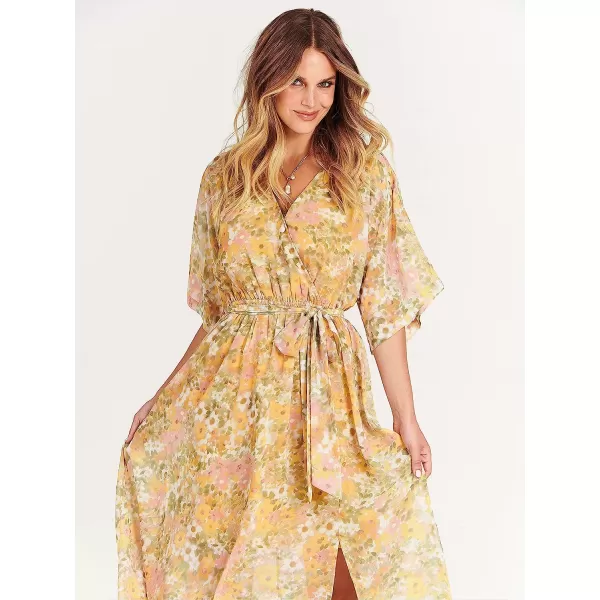 imageANRABESS Womens Summer Loose Kimono Maxi Dress Wrap V Neck 34 Sleeve Floral Print Slit Long DressesFloral Yellow Pink