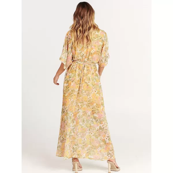 imageANRABESS Womens Summer Loose Kimono Maxi Dress Wrap V Neck 34 Sleeve Floral Print Slit Long DressesFloral Yellow Pink