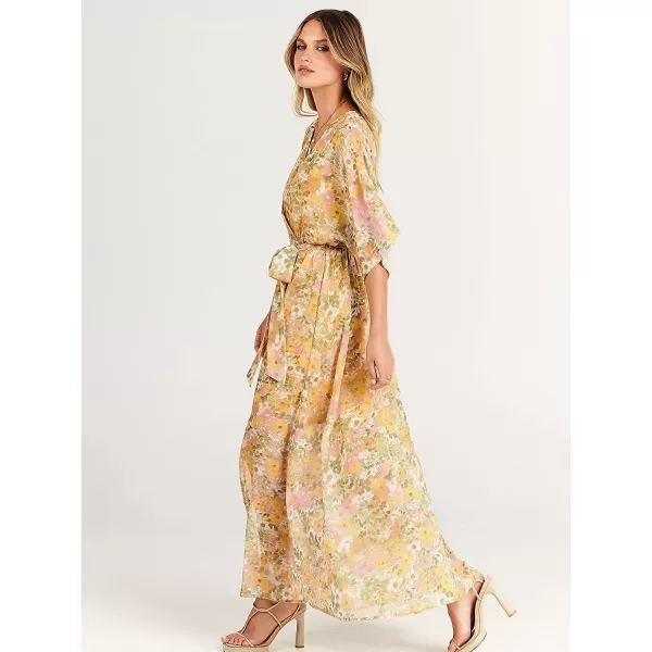 imageANRABESS Womens Summer Loose Kimono Maxi Dress Wrap V Neck 34 Sleeve Floral Print Slit Long DressesFloral Yellow Pink