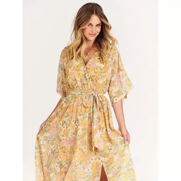 imageANRABESS Womens Summer Loose Kimono Maxi Dress Wrap V Neck 34 Sleeve Floral Print Slit Long DressesFloral Yellow Pink