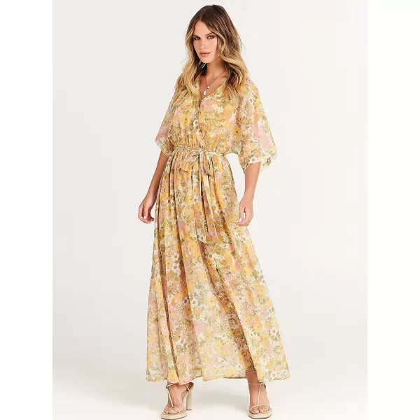 imageANRABESS Womens Summer Loose Kimono Maxi Dress Wrap V Neck 34 Sleeve Floral Print Slit Long DressesFloral Yellow Pink