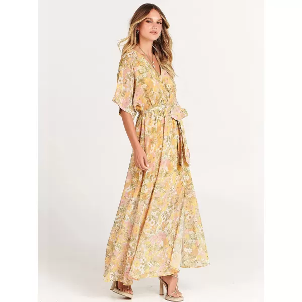 imageANRABESS Womens Summer Loose Kimono Maxi Dress Wrap V Neck 34 Sleeve Floral Print Slit Long DressesFloral Yellow Pink