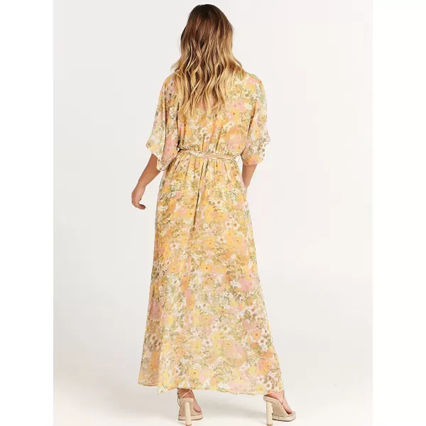 imageANRABESS Womens Summer Loose Kimono Maxi Dress Wrap V Neck 34 Sleeve Floral Print Slit Long DressesFloral Yellow Pink