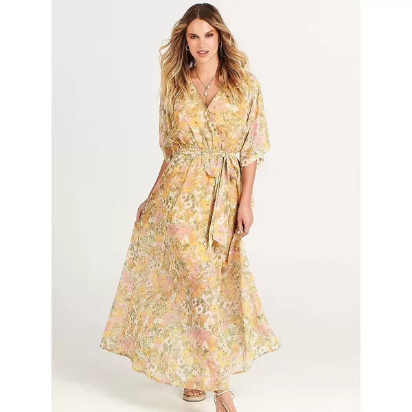 imageANRABESS Womens Summer Loose Kimono Maxi Dress Wrap V Neck 34 Sleeve Floral Print Slit Long DressesFloral Yellow Pink