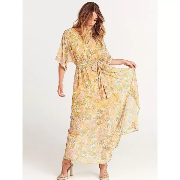 imageANRABESS Womens Summer Loose Kimono Maxi Dress Wrap V Neck 34 Sleeve Floral Print Slit Long DressesFloral Yellow Pink
