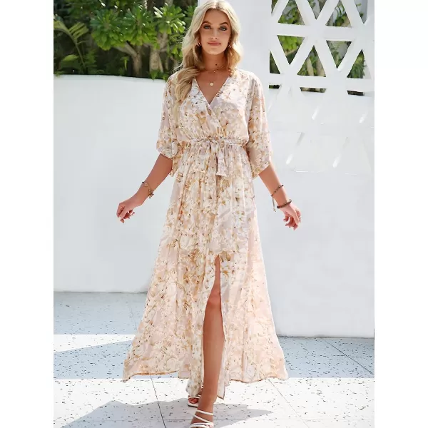 imageANRABESS Womens Summer Loose Kimono Maxi Dress Wrap V Neck 34 Sleeve Floral Print Slit Long DressesFloral Yellow White