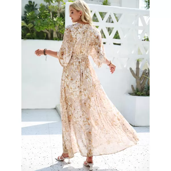 imageANRABESS Womens Summer Loose Kimono Maxi Dress Wrap V Neck 34 Sleeve Floral Print Slit Long DressesFloral Yellow White