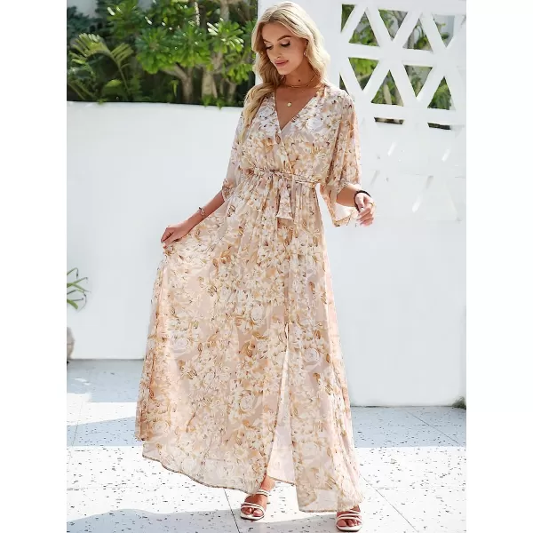 imageANRABESS Womens Summer Loose Kimono Maxi Dress Wrap V Neck 34 Sleeve Floral Print Slit Long DressesFloral Yellow White