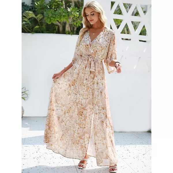 imageANRABESS Womens Summer Loose Kimono Maxi Dress Wrap V Neck 34 Sleeve Floral Print Slit Long DressesFloral Yellow White