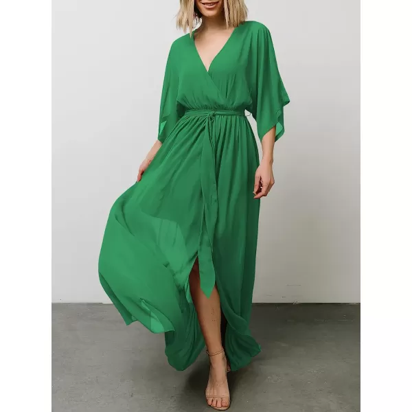 imageANRABESS Womens Summer Loose Kimono Maxi Dress Wrap V Neck 34 Sleeve Floral Print Slit Long DressesGreen