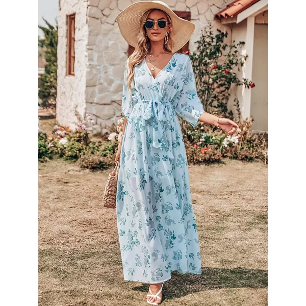 imageANRABESS Womens Summer Loose Kimono Maxi Dress Wrap V Neck 34 Sleeve Floral Print Slit Long DressesGreen Leaf Print