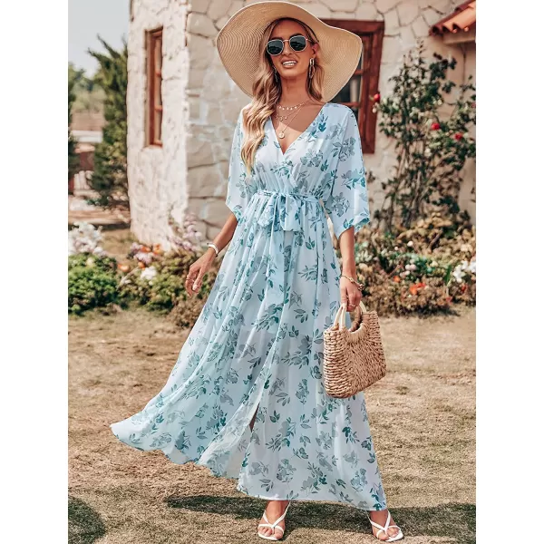 imageANRABESS Womens Summer Loose Kimono Maxi Dress Wrap V Neck 34 Sleeve Floral Print Slit Long DressesGreen Leaf Print