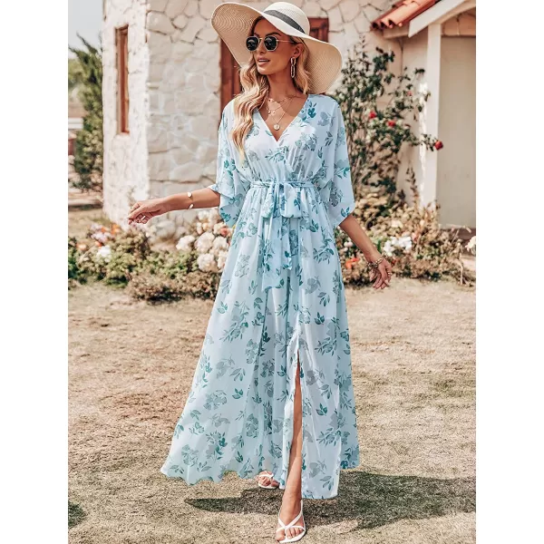 imageANRABESS Womens Summer Loose Kimono Maxi Dress Wrap V Neck 34 Sleeve Floral Print Slit Long DressesGreen Leaf Print