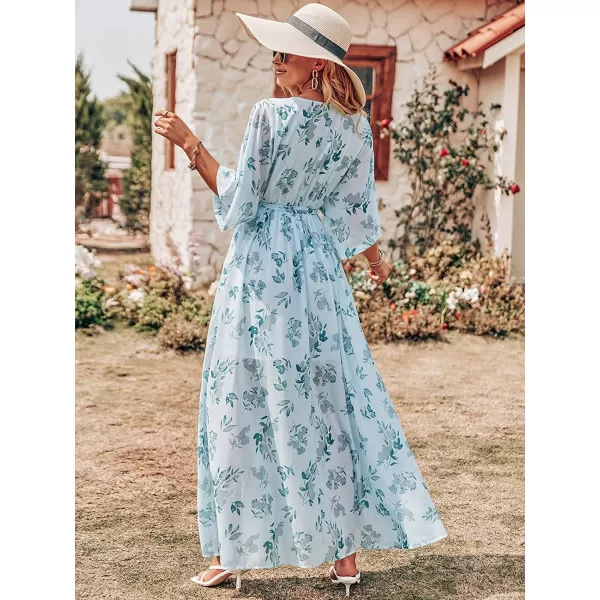 imageANRABESS Womens Summer Loose Kimono Maxi Dress Wrap V Neck 34 Sleeve Floral Print Slit Long DressesGreen Leaf Print