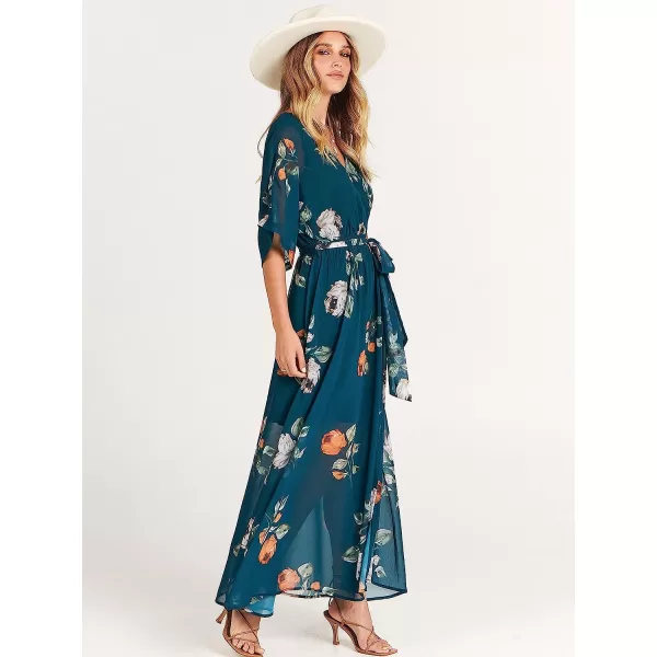 imageANRABESS Womens Summer Loose Kimono Maxi Dress Wrap V Neck 34 Sleeve Floral Print Slit Long DressesGreen Peony