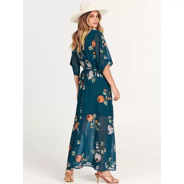 imageANRABESS Womens Summer Loose Kimono Maxi Dress Wrap V Neck 34 Sleeve Floral Print Slit Long DressesGreen Peony