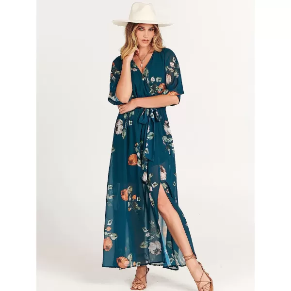 imageANRABESS Womens Summer Loose Kimono Maxi Dress Wrap V Neck 34 Sleeve Floral Print Slit Long DressesGreen Peony