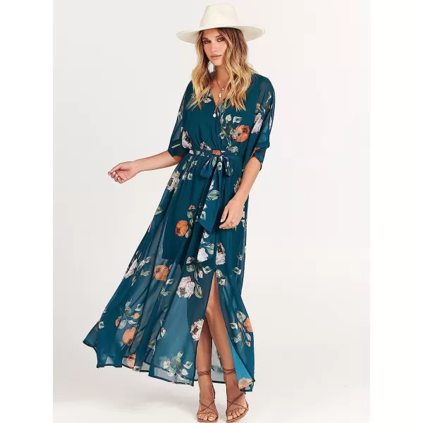 imageANRABESS Womens Summer Loose Kimono Maxi Dress Wrap V Neck 34 Sleeve Floral Print Slit Long DressesGreen Peony