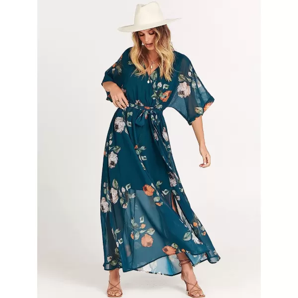 imageANRABESS Womens Summer Loose Kimono Maxi Dress Wrap V Neck 34 Sleeve Floral Print Slit Long DressesGreen Peony