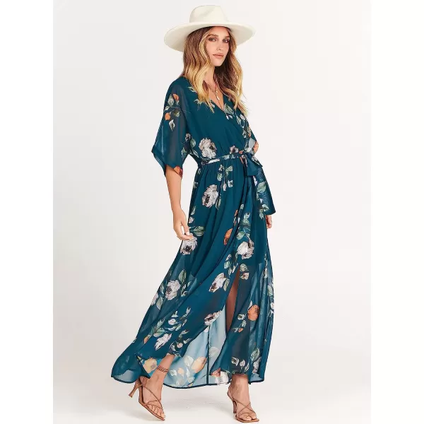 imageANRABESS Womens Summer Loose Kimono Maxi Dress Wrap V Neck 34 Sleeve Floral Print Slit Long DressesGreen Peony