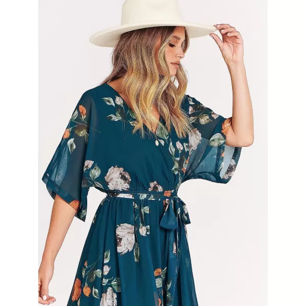 imageANRABESS Womens Summer Loose Kimono Maxi Dress Wrap V Neck 34 Sleeve Floral Print Slit Long DressesGreen Peony