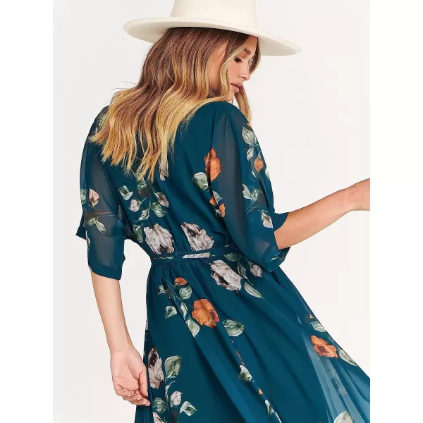 imageANRABESS Womens Summer Loose Kimono Maxi Dress Wrap V Neck 34 Sleeve Floral Print Slit Long DressesGreen Peony