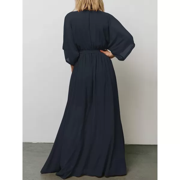 imageANRABESS Womens Summer Loose Kimono Maxi Dress Wrap V Neck 34 Sleeve Floral Print Slit Long DressesNavy Blue