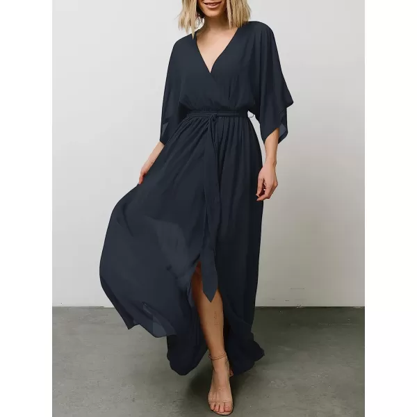 imageANRABESS Womens Summer Loose Kimono Maxi Dress Wrap V Neck 34 Sleeve Floral Print Slit Long DressesNavy Blue