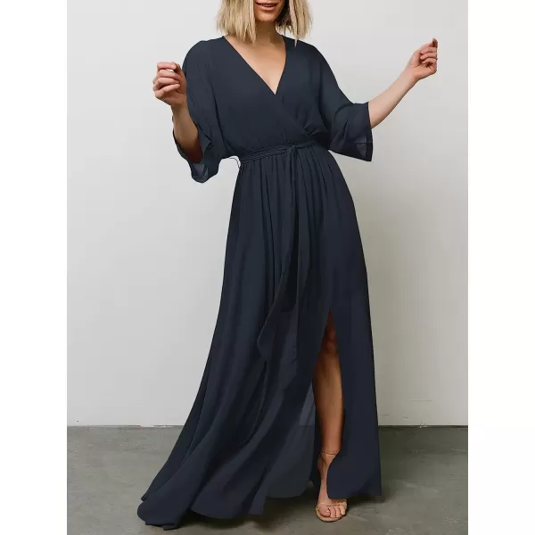 imageANRABESS Womens Summer Loose Kimono Maxi Dress Wrap V Neck 34 Sleeve Floral Print Slit Long DressesNavy Blue