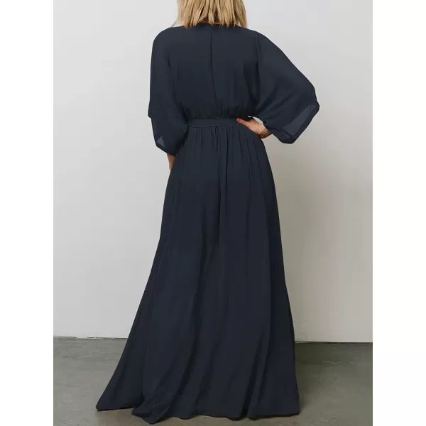 imageANRABESS Womens Summer Loose Kimono Maxi Dress Wrap V Neck 34 Sleeve Floral Print Slit Long DressesNavy Blue