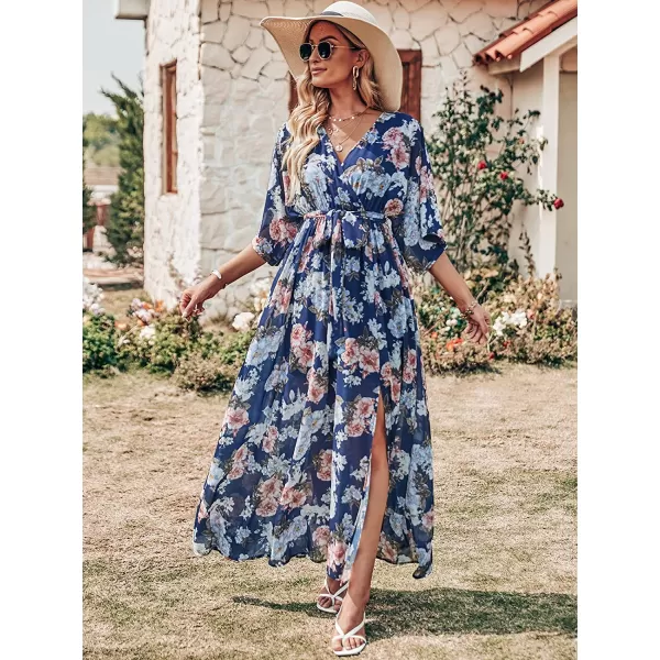 imageANRABESS Womens Summer Loose Kimono Maxi Dress Wrap V Neck 34 Sleeve Floral Print Slit Long DressesNavy Flor