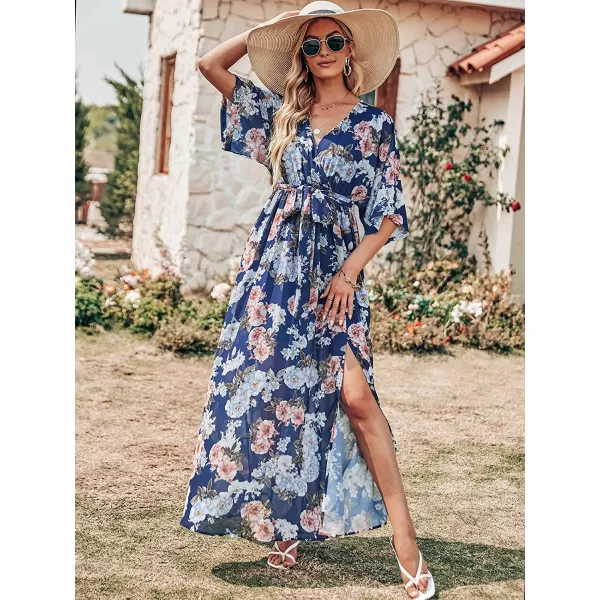 imageANRABESS Womens Summer Loose Kimono Maxi Dress Wrap V Neck 34 Sleeve Floral Print Slit Long DressesNavy Flor