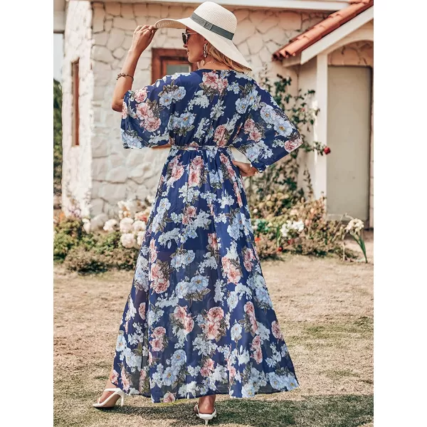 imageANRABESS Womens Summer Loose Kimono Maxi Dress Wrap V Neck 34 Sleeve Floral Print Slit Long DressesNavy Flor