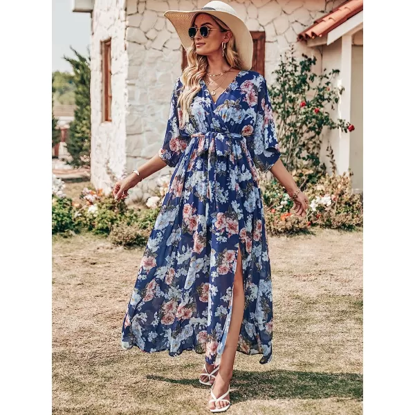 imageANRABESS Womens Summer Loose Kimono Maxi Dress Wrap V Neck 34 Sleeve Floral Print Slit Long DressesNavy Flor