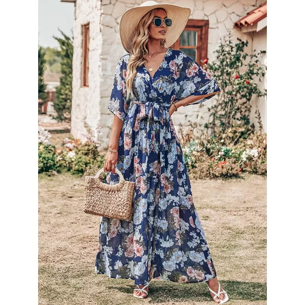 imageANRABESS Womens Summer Loose Kimono Maxi Dress Wrap V Neck 34 Sleeve Floral Print Slit Long DressesNavy Flor