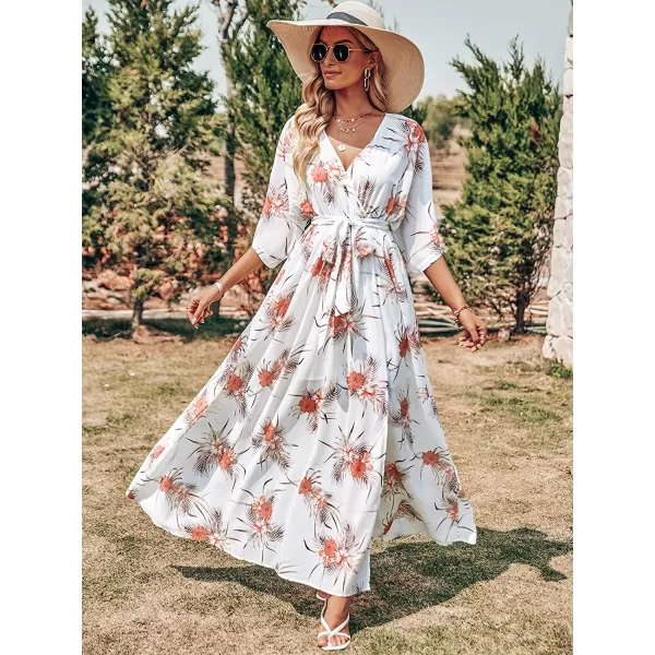 imageANRABESS Womens Summer Loose Kimono Maxi Dress Wrap V Neck 34 Sleeve Floral Print Slit Long DressesPalm Flor