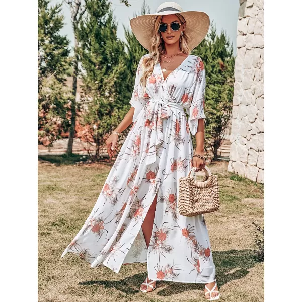 imageANRABESS Womens Summer Loose Kimono Maxi Dress Wrap V Neck 34 Sleeve Floral Print Slit Long DressesPalm Flor