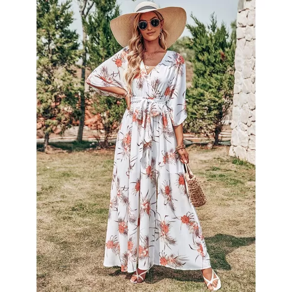 imageANRABESS Womens Summer Loose Kimono Maxi Dress Wrap V Neck 34 Sleeve Floral Print Slit Long DressesPalm Flor