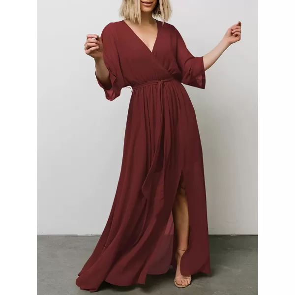 imageANRABESS Womens Summer Loose Kimono Maxi Dress Wrap V Neck 34 Sleeve Floral Print Slit Long DressesRed