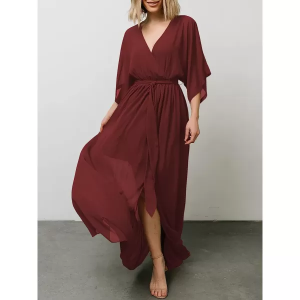 imageANRABESS Womens Summer Loose Kimono Maxi Dress Wrap V Neck 34 Sleeve Floral Print Slit Long DressesRed