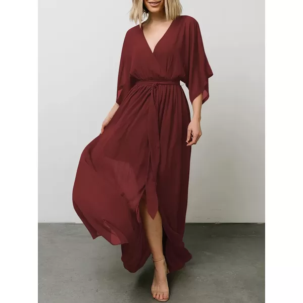 imageANRABESS Womens Summer Loose Kimono Maxi Dress Wrap V Neck 34 Sleeve Floral Print Slit Long DressesRed