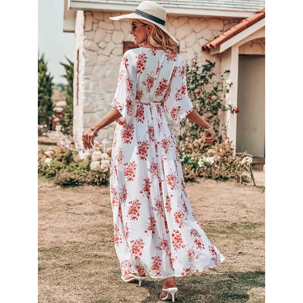 imageANRABESS Womens Summer Loose Kimono Maxi Dress Wrap V Neck 34 Sleeve Floral Print Slit Long DressesRed Flor
