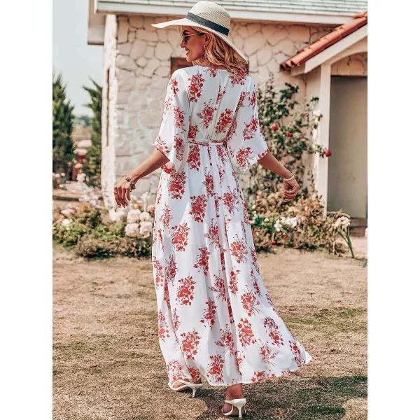 imageANRABESS Womens Summer Loose Kimono Maxi Dress Wrap V Neck 34 Sleeve Floral Print Slit Long DressesRed Flor