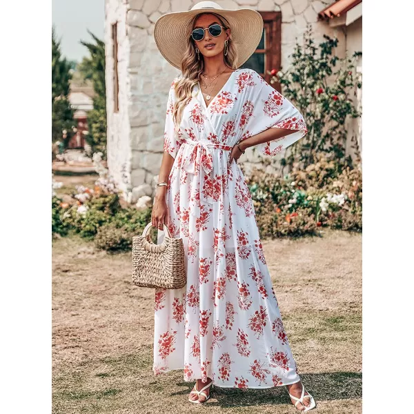 imageANRABESS Womens Summer Loose Kimono Maxi Dress Wrap V Neck 34 Sleeve Floral Print Slit Long DressesRed Flor