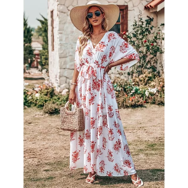 imageANRABESS Womens Summer Loose Kimono Maxi Dress Wrap V Neck 34 Sleeve Floral Print Slit Long DressesRed Flor