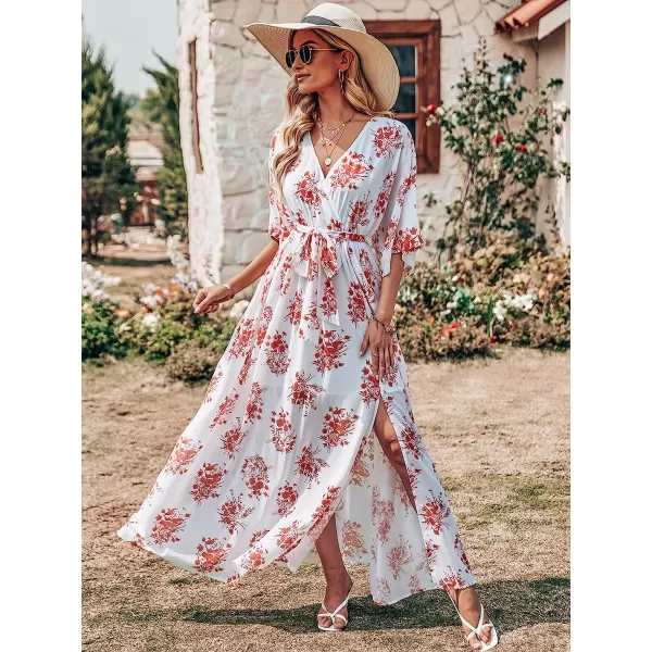 imageANRABESS Womens Summer Loose Kimono Maxi Dress Wrap V Neck 34 Sleeve Floral Print Slit Long DressesRed Flor