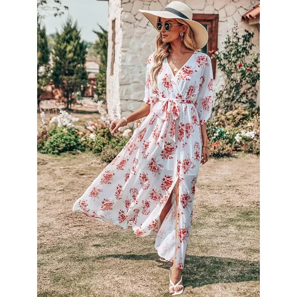imageANRABESS Womens Summer Loose Kimono Maxi Dress Wrap V Neck 34 Sleeve Floral Print Slit Long DressesRed Flor