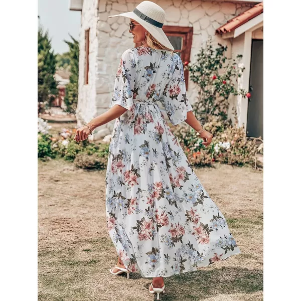 imageANRABESS Womens Summer Loose Kimono Maxi Dress Wrap V Neck 34 Sleeve Floral Print Slit Long DressesWhite Flor