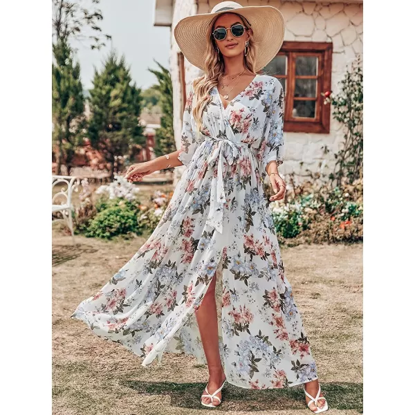 imageANRABESS Womens Summer Loose Kimono Maxi Dress Wrap V Neck 34 Sleeve Floral Print Slit Long DressesWhite Flor